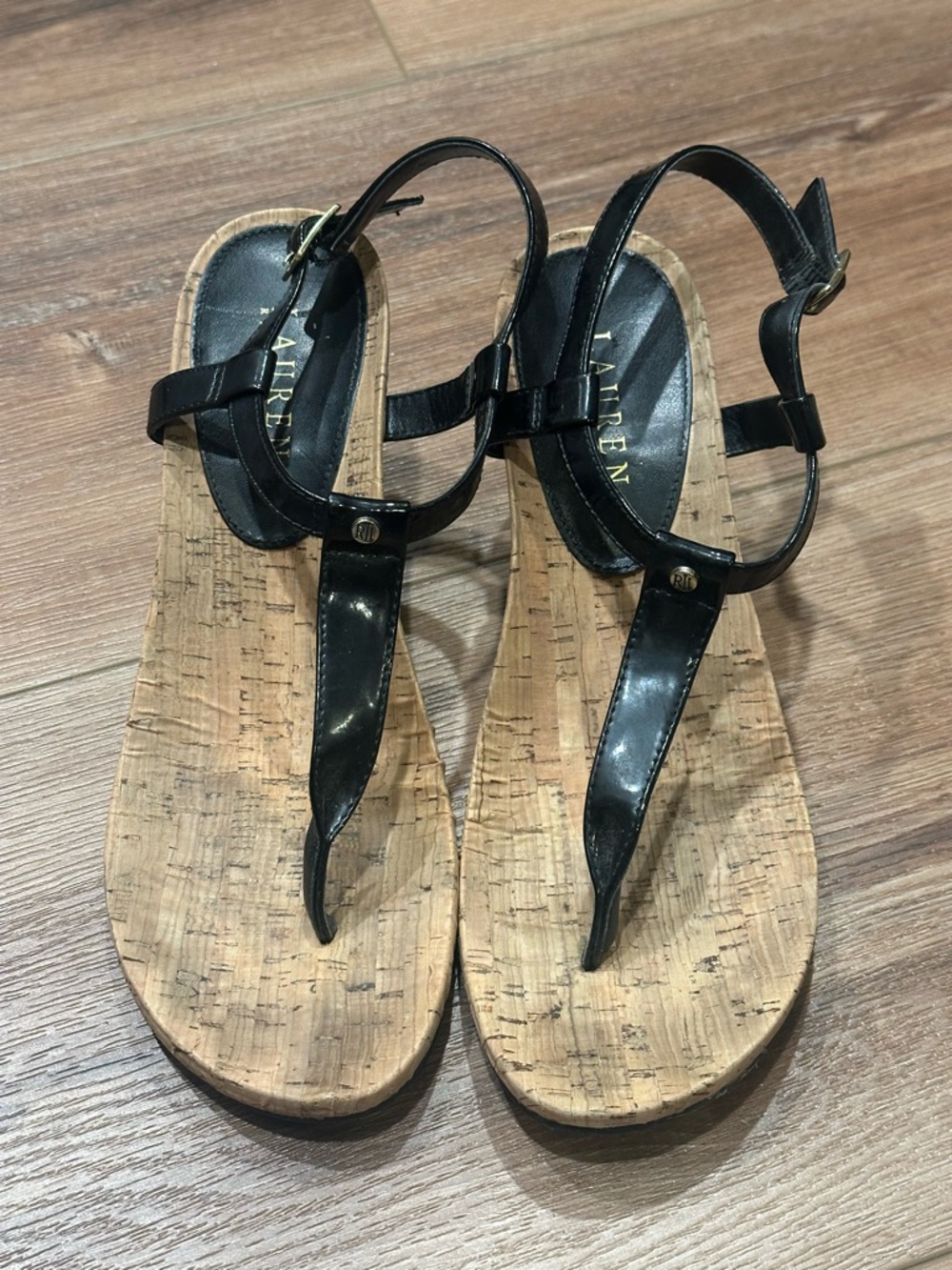 Lauren Ralph Lauren Black Cork Wedge Thong Sandals